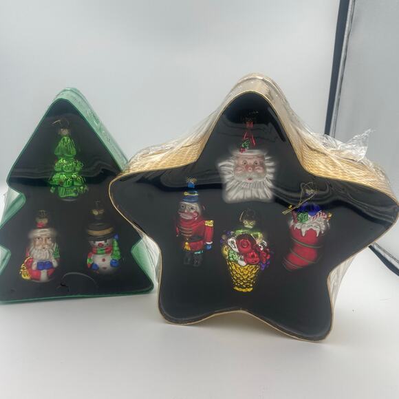 Lubeck Two Sets Hand Painted Blown Glass Christmas Ornaments Keepsake Boxes - Picture 1 of 8